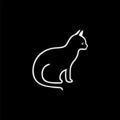 Minimalistic kitty shelter logo template, linear icon of cat silhouette on black background, modern logotype concept for business identity, t-shirts print, tattoo.Vector illustration