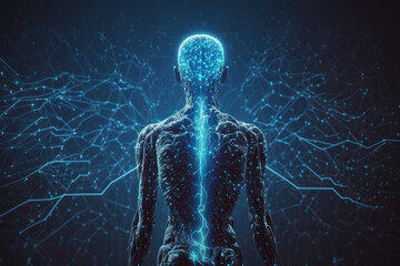 human brain and body. glowing blue lines. neural connections. artificial intelligence, cyberspace. a