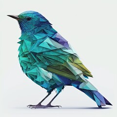Wall Mural - A bird made from triangles in shades of blue and green, set against a white background. The triangles are arranged in a pattern that suggests the feathers of a bird, with areas of darker generative ai