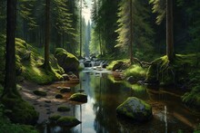 A Beautiful Summer Day In A European Forest With A Stream As A Digital Illustration (Generative AI)