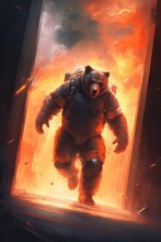 A Strong And Powerful Grizzly Bear Dressed In Firefighter's Uniform, Rushing Bravely Into A Burning Building To Save Innocent Lives. The Atmosphere Is Intense And Urgent, With Bold Reds Generative Ai