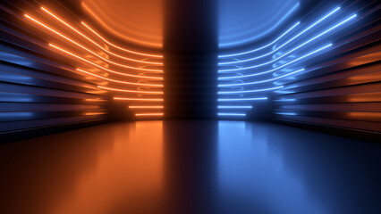 Wall Mural - Sci Fy neon glowing lines in a dark tunnel. Reflections on the floor and ceiling. 3d rendering image. Abstract glowing lines. Techology futuristic background.