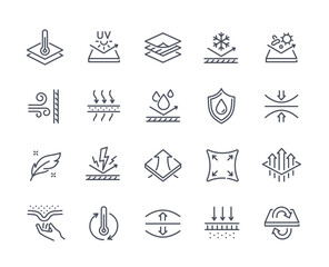 set of simple fabric properties icons. waterproof, breathable, elastic, organic material for clothin