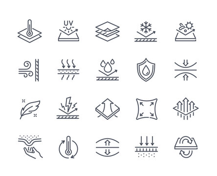 set of simple fabric properties icons. waterproof, breathable, elastic, organic material for clothin