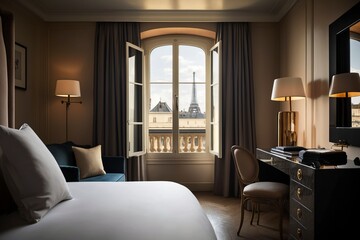 illustration, hotel room with a view of the eiffel tower, ai generative