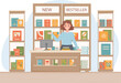 © Olena Dumanchuk - Saleswoman, shop assistant in bookstore. Seller at the counter of book shop. Bookcases with new books. Iinterior of bookstore. Vector illustration.