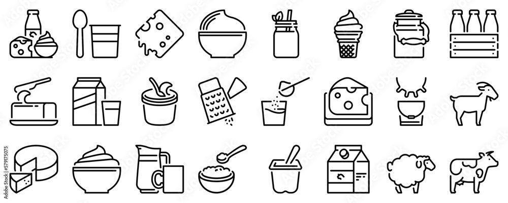 Line icons about dairy products on transparent background with editable ...