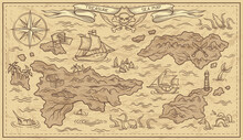 Adventure Design Of Old Treasure Map. Parchment With Caribbean Islands, Pirate Ships, Buried Chest Of Gold, Sea Monster And Compass. Antique Scroll With Plan And Path. Cartoon Flat Vector Illustration