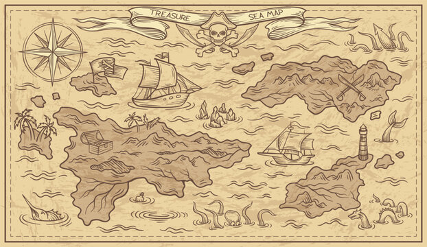 adventure design of old treasure map. parchment with caribbean islands, pirate ships, buried chest o