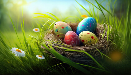 Nest with colorful easter eggs in the grass. Based on Generative AI