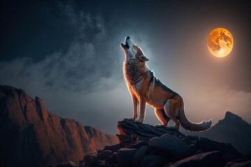 Wolf howling at the moon. Generative AI