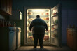 A very fat man looks into an opened fridge, concept of Obesity and Curiosity, created with Generative AI technology