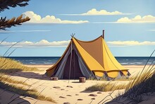 A Windproof Tent Pitched On A Baltic Sea Beach During The Summer Generative AI