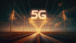 5G (Mobilfunkstandard), stehend für die fünfte Generation des Mobilfunks symbolisch für die Vernetzung durch Daten leitende Mobilfunkmasten an einer Straße (Generative AI)