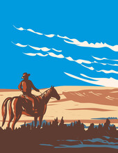 WPA Poster Art Of Cowboy And Horse At West Block Of Grasslands National Park Located Near The Village Of Val Marie, Saskatchewan, Canada Done In Works Project Administration.