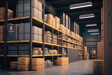 company warehouse with shelves and boxes, shed for cargo storage, generative ai