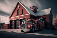 NUnleash The Dragon: A Hyper-Detailed Fire Station And Fire Truck Captured By Ultra-Wide Angle And Unreal Engine 5 For High Quality Advertisement Photography , Generative Ai