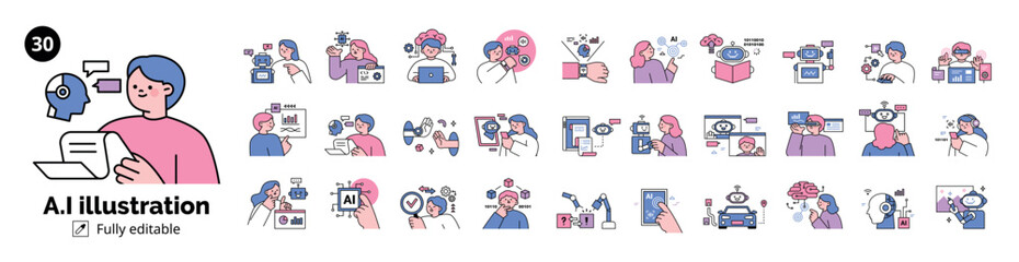 Wall Mural - the age of ai. intelligence meets technology. business concept illustration with people and icons. m
