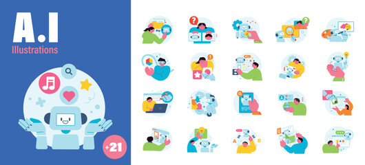 Wall Mural - the age of ai. intelligence meets technology. business concept illustration with people and icons. r