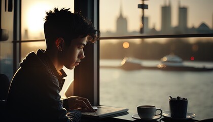 asian man, student, with notebook and coffee cup in coffee shop, city skyline, riverside, sunset, ai