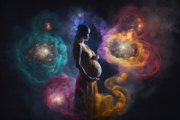 pregnant woman holding her belly. space and universe. concept of mother's day and happy motherhood. 