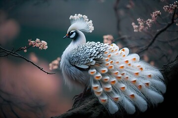 Wall Mural - Beautiful white peacock with delicate feathers. Pink cherry blossom tree with ethereal bird. Spring flowers.