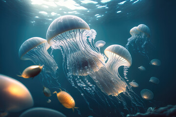 Canvas Print - jellyfish under water created with Generative AI technology