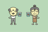 Fototapeta Psy - senior man and woman are holding denture or false teeth in water glass - dental cartoon vector flat style