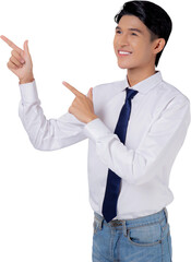 Sticker - Portrait young asian business man pointing and presenting, advertising and marketing, executive and manager, male confident showing success, expression and emotion.