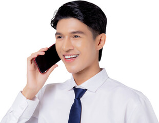 Sticker - Portrait young asian businessman using smartphone talking, business man standing and speak with smart phone with confident, male using telephone, cut out, one person.