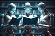 Three humanoid robots reading books in a library, The machine learning of artificial intelligence, Generative AI