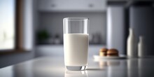 Glass With Milk On A White Table Behind Blurred Kitchen Background, Generative AI