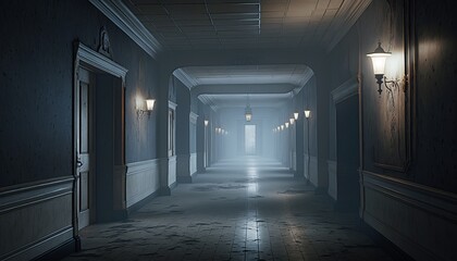 Wall Mural - Misty abandoned empty hallway of classic hotel corridor background. Generative AI technology.	
