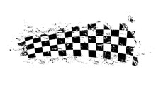 Grunge Race Flag, Tire Track With Checker Marks Pattern On Vector Background. Car Racing Grunge Flag, Karting, Rally Motorsport And Motocross Start Or Finish Banner, Drag Races Championship Flag