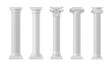 Marble antique columns and pillars of roman and greek architecture elements. Vector realistic classic columns of ancient building or temple. White stone pillars with ornate capitals, vertical flutings