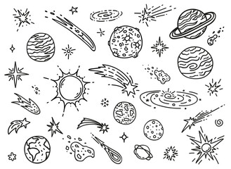 Wall Mural - doodle space planets, stars, comets and asteroids. vector hand drawn moon, earth and sun, saturn and
