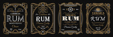 Vintage Rum Labels. Alcohol Frames Of Liquor Drink Bottle With Vector Thin Line Pirate Sail Ship, Anchor, Helm And Antique Compass, Golden Flourishes And Scrolls. Luxury Labels For Rum Liquor