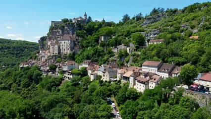 Sticker - 4K aerial footage of the beautiful hilltop town of Rocamadour, which is a commune in the Lot department in Southwestern France.