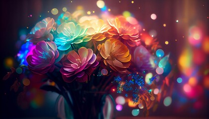 A colorful bouquet of flowers with rainbow colorful bokeh, Generative AI, illustration