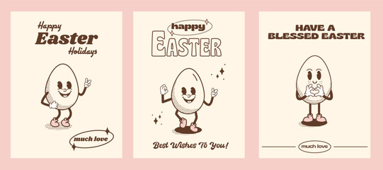 Wall Mural - Set of Happy Easter Holidays greeting cards or prints in vintage nostalgic style. Funky retro Easter Egg cartoon character. Quirky outline mascot with halftone shadow. Vector illustration.