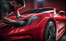 Close Up Of A Auto Body Mechanic Buffing A Scratch On A Red Sports Car. Generative AI