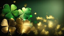 Beautiful Festive Background With Bright Green And Gold Four-leaf Clover, St. Patrick's Day Texture, Generative AI