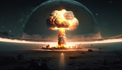 Wall Mural - Nuclear bomb explosion over a city during world war.