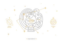 Aquarius Zodiac Sign With Description Of Personal Features. Astrology Horoscope Card With Zodiac Constellation On White Background Thin Line Vector Illustration