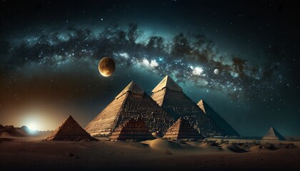 The Great Pyramids of Giza and the Moon in the night sky. Generative AI