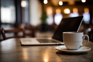 capture the essence of a café scene with this image of a laptop resting on a table alongside a cup o