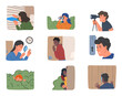 Set of spying people. Men and women hiding in bushes or behind wall, observing through binoculars, sneaking around or peeping at someone. Cartoon flat vector collection isolated on white background