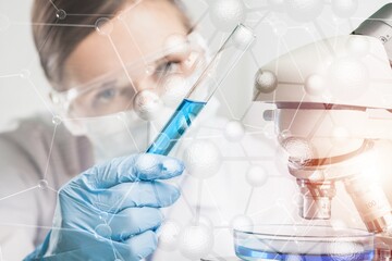 Wall Mural - research concept, scientist using microscope with molecules symbol