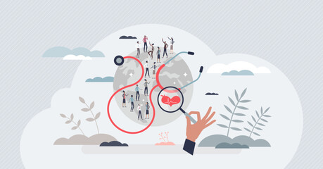Population health management and global community care tiny person concept. Healthy society program with regular screening and monitoring vector illustration. Disease prevention with early diagnostic