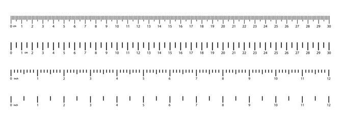 Inch and metric rulers. Centimeters and inches measurement scale. Measuring centimeter tool. Vector illustration.